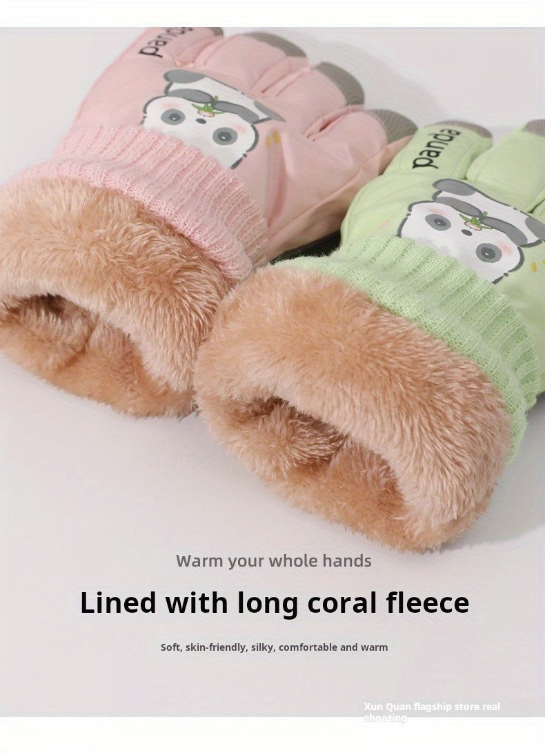 1 Pair Women'S Winter Ski Gloves, Cute Panda Design, Touchscreen Compatible, Polyester Thermal Lining, Velvet Palm, Magic Tape Closure, Hand Washable, Weather-Resistant